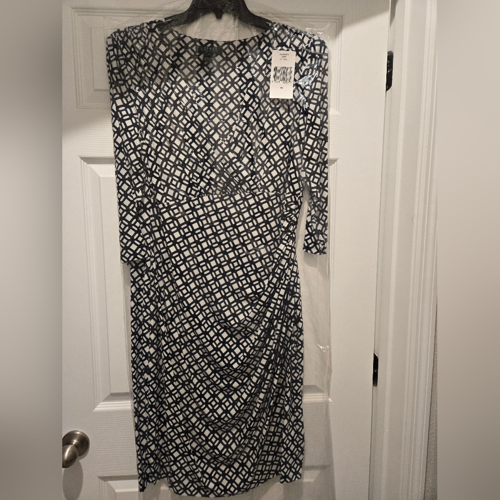 Ralph Lauren Faux Wrap Dress Black/White Geometric design, Size 14W, NWT